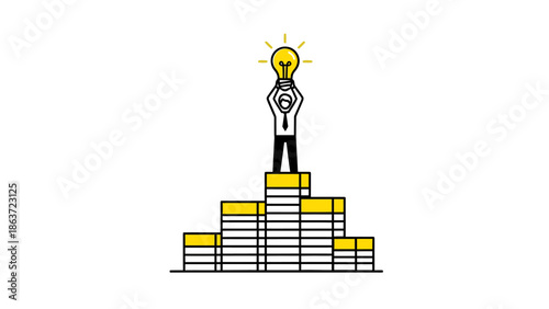 Innovative Business Idea Concept Represented by a Person Standing on a Pyramid of Stacked Blocks Holding a Bright Light Bulb