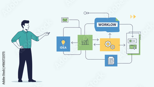 Modern Business Workflow Diagram with Technology Elements and Process Icons Depicting Innovation and Efficiency