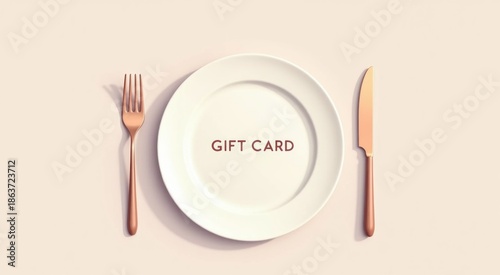 Plate with a gift card on it and a fork and knife gift card concept