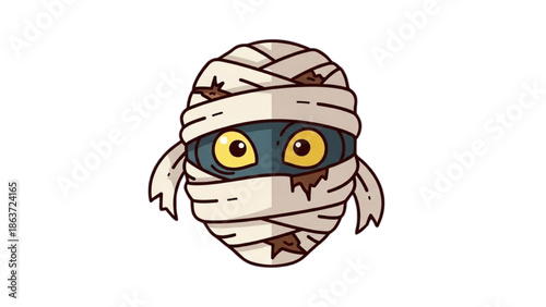 A cartoon mummy head with bandages and a menacing stare, wrapped tightly, with glowing eyes peeking through the wrapping