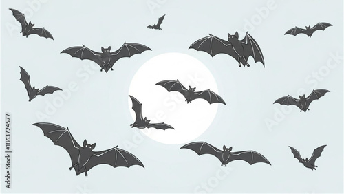 A group of bats flying in various directions against a full moon in the night sky