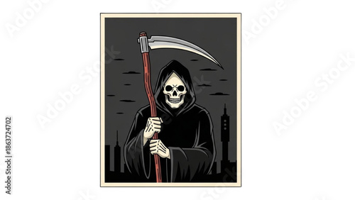 Grim Reaper Standing in Front of City Skyline at Night Holding Scythe