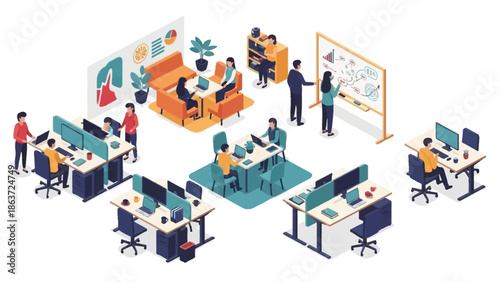 Modern office workspace illustration with professionals collaborating and working on various projects.