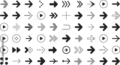 Collection of diverse black arrow icons and directional symbols on white background
