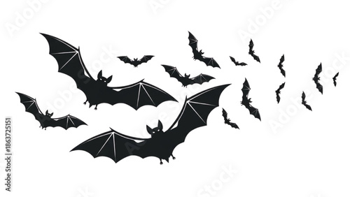 A flock of bats flying in the dark sky with a clear view of their silhouettes against a white background