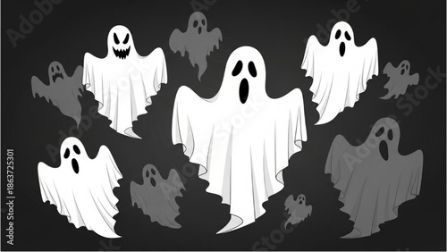 Group of ghostly figures floating in a dark environment viewed from the front
