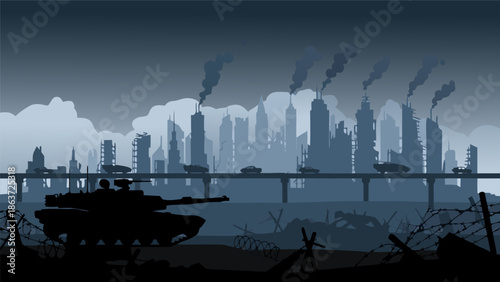 Post-Apocalyptic Urban Landscape vector illustration featuring a silhouette of a military tank amidst industrial city skyline with pollution