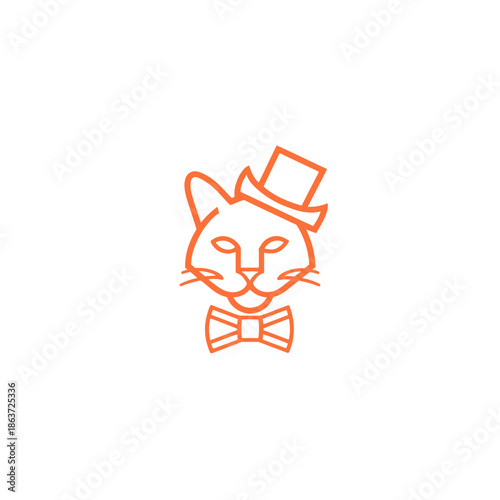 Elegant cat icon with hat and bow tie on white background
