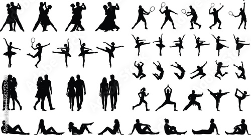 Black Silhouettes of People Dancing Ballerina Tennis Players Couples Walking Running Yoga Martial Arts and Relaxing Poses on White Background