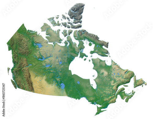 Canada northern hemisphere eco map: colorful topographic lands and water bodies highlighted in green