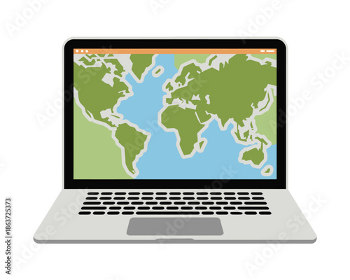 Modern laptop displaying a colorful world map on screen, symbolizing global connection and digital travel.