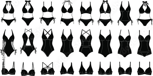 Collection of Female Swimwear and Lingerie Icons Featuring Bikinis One Piece Swimsuits Underwear and Bra Silhouettes for Fashion Design and Retail