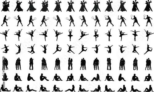 Mega Collection of Human Silhouettes Featuring Ballroom Dancers Tennis Players Ballet Dancers Jumping People Couples and Sitting Poses for Vector Design