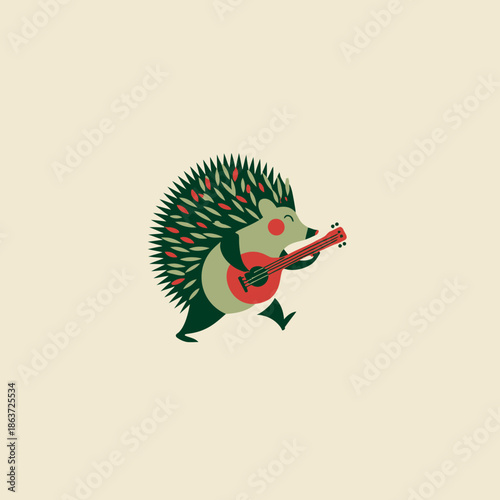 Cartoon hedgehog playing guitar against beige background illustration