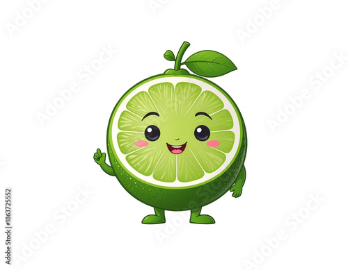 Cartoon lime character with smiling face, small limbs, and leaf on stem