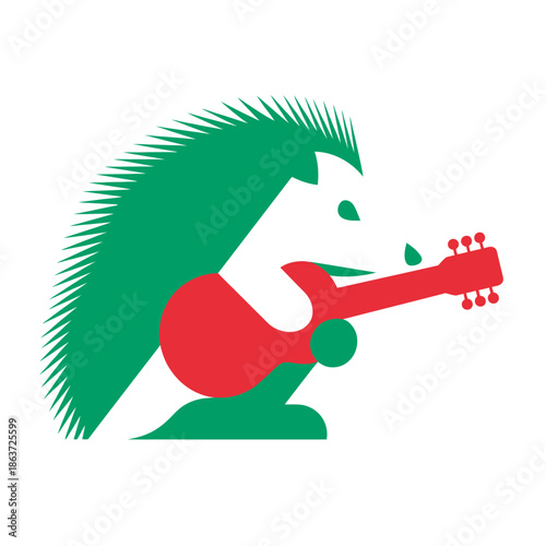 Stylized hedgehog playing a red guitar vector illustration on white
