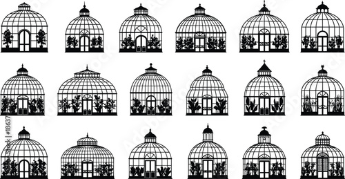 Victorian Style Greenhouse and Conservatory Glasshouse Silhouettes Set with Indoor Plants and Botanical Garden Architecture Elements for Landscape Design Graphics.