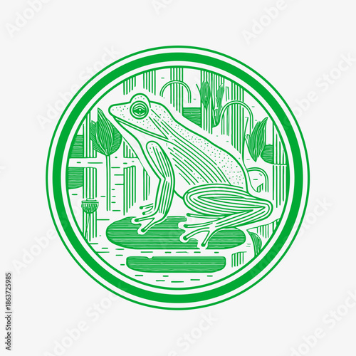 Green frog illustration inside a circular frame nature graphic design