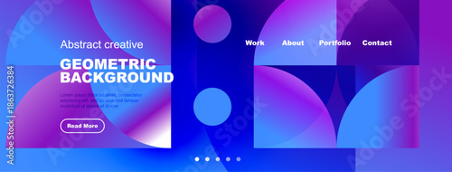 Vibrant geometric background design. Features colorful shapes, text elements, navigation menu, plus button. Modern aesthetic.