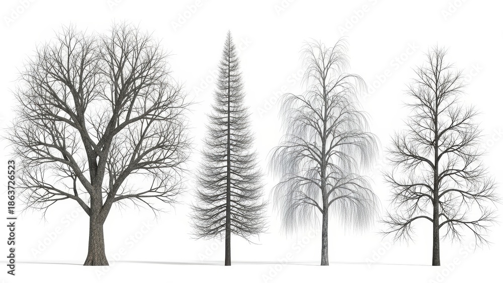 Fototapeta premium Winter Trees Silhouette Set Bare Trees, Forest, Isolated on White Background