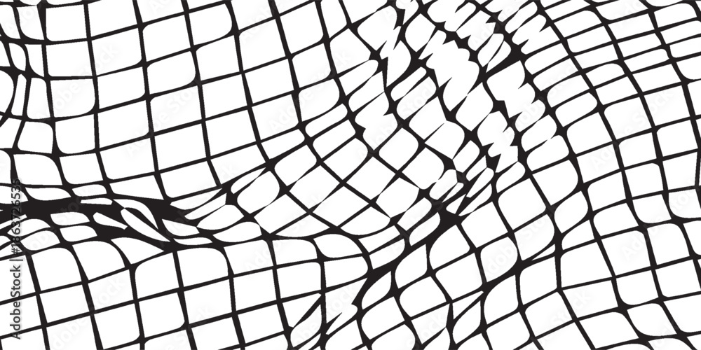 Obraz premium Abstract black and white fishnet pattern with distorted grid lines.