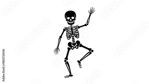 Skeleton dancing with one leg raised in a playful illustration