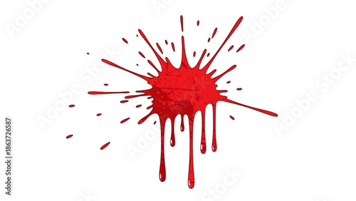 Red ink splatter on a white background, viewed from a straight-on perspective.