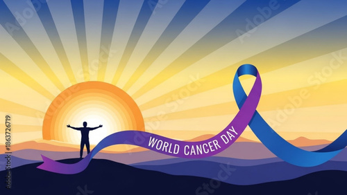 Man standing on hill with arms outstretched, world cancer day awareness ribbon, sunrise background, symbolizing hope and resilience against cancer