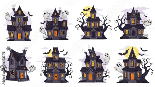 Spooky Houses with Orange Windows Set against a White Background