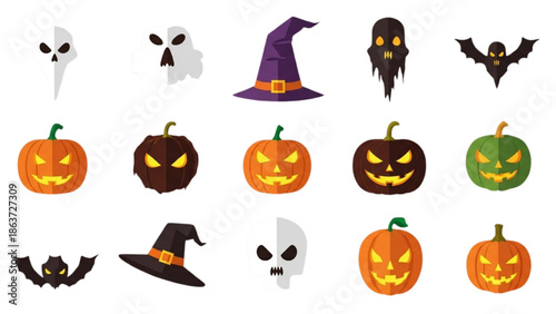 Halloween icons collection featuring pumpkins, ghosts, bats, and witches hat on white background