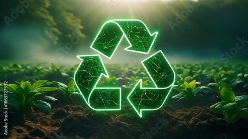 Glowing Green Recycling Symbol Emerging from Fertile Agricultural Land