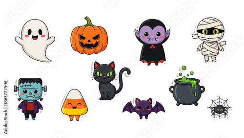 Halloween characters and symbols arranged in a grid on a white background