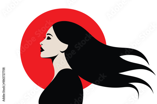 A beautiful woman with long black hair standing in front of a red circle