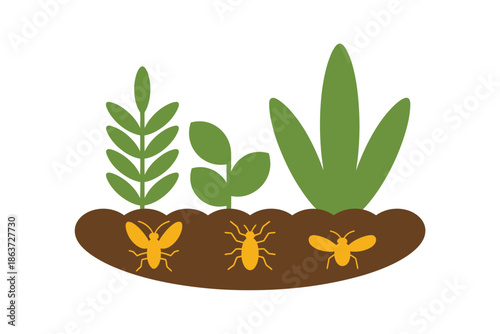 An illustration of insects and plants growing in soil with a white background