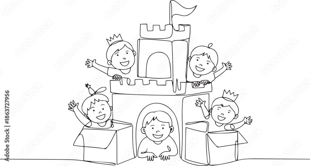 Obraz premium drawing kids with cardboard castle for school play. Cheerful children playing in castle made of cardboard boxes. Creative kid playing castle.one line vector illustration with out background