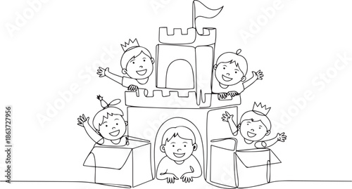 drawing kids with cardboard castle for school play. Cheerful children playing in castle made of cardboard boxes. Creative kid playing castle.one line vector illustration with out background