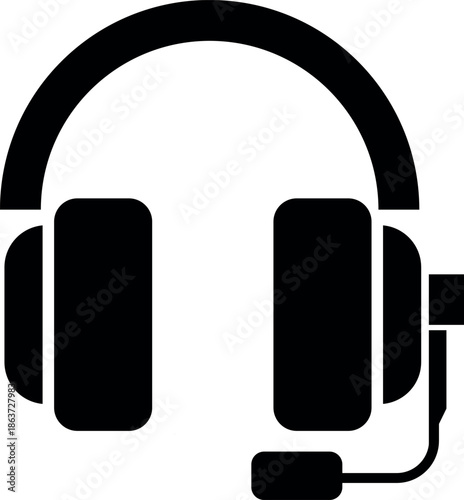 Simple black and white headphone icon in flat vector style. Audio listening symbol isolated on white background, suitable for music, sound, media interface, communication, and technology related desig