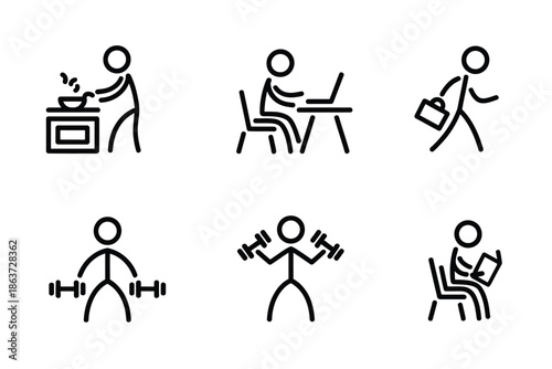 A set of stick figures engaging in various daily activities and exercises on a white background