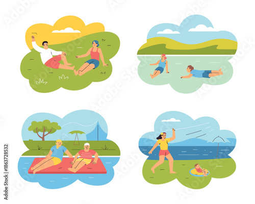 Joyful people enjoying various outdoor summer activities in a vibrant, stylized landscape.