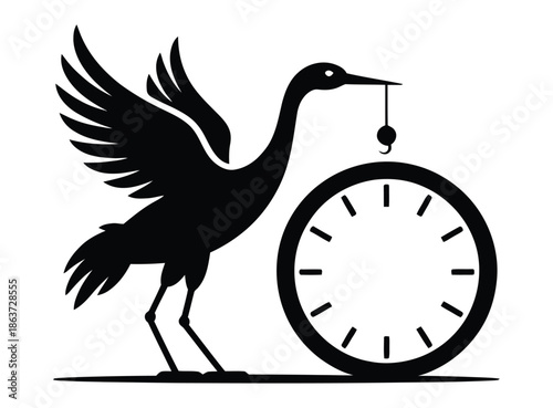 A black silhouette of a crane standing next to a large clock