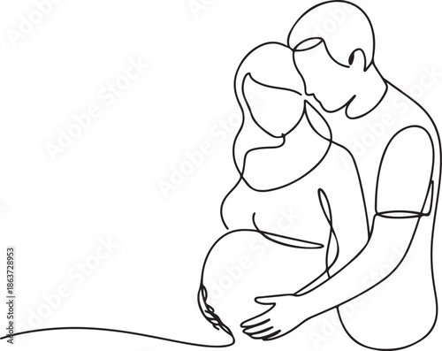 continuous line drawing flat illustration about pregnancy and partner birth. Young pregnant woman with husband. Man takes care and hugs his wife. one line vector illustration with out background