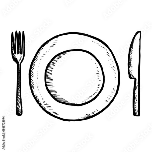 Cutlery on a white background. Plate, fork, and knife