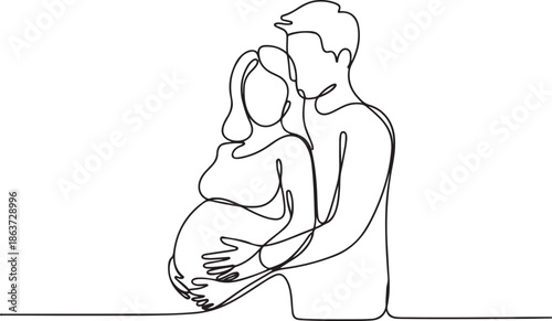 continuous line drawing flat illustration about pregnancy and partner birth. Young pregnant woman with husband. Man takes care and hugs his wife. one line vector illustration with out background