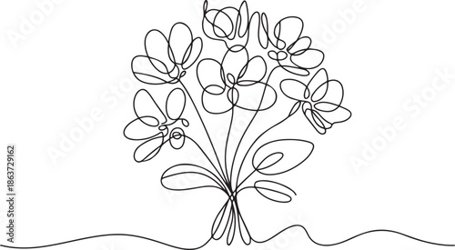 Bouquet of violet flowers continuous line drawing. one line vector illustration with out background