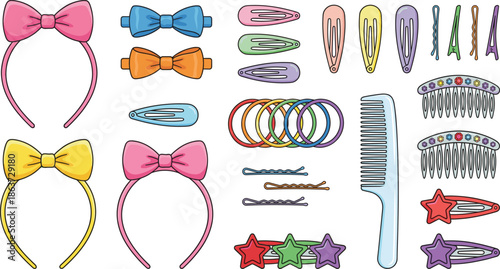 Colorful hair accessories vector set with headbands, clips, combs, bobby pins, and elastic bands for fashion use
