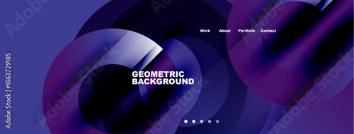 Abstract purple design features flowing shapes, text elements, navigation menu. Modern aesthetic, dynamic composition, dark background.