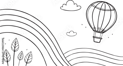 Hot Air Balloon Floating Above Wavy Hills with Rainbow and Birds on White Background