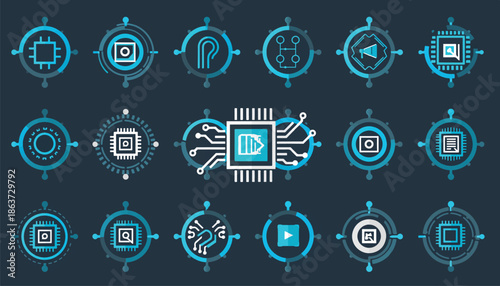 Technology Chip and Circuit Icons Vector - Blue and Metallic Style