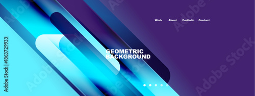 Abstract geometric background. Blue, purple gradients dominate design. Text includes work, about, portfolio, contact. Dots indicate navigation.