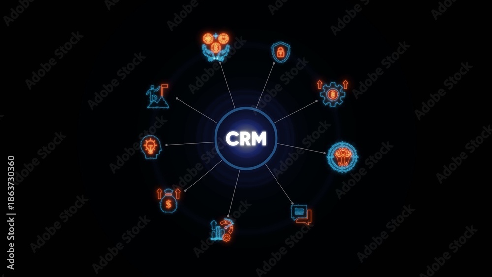Fototapeta premium C R M system concept with glowing blue and orange on black background customer relationship